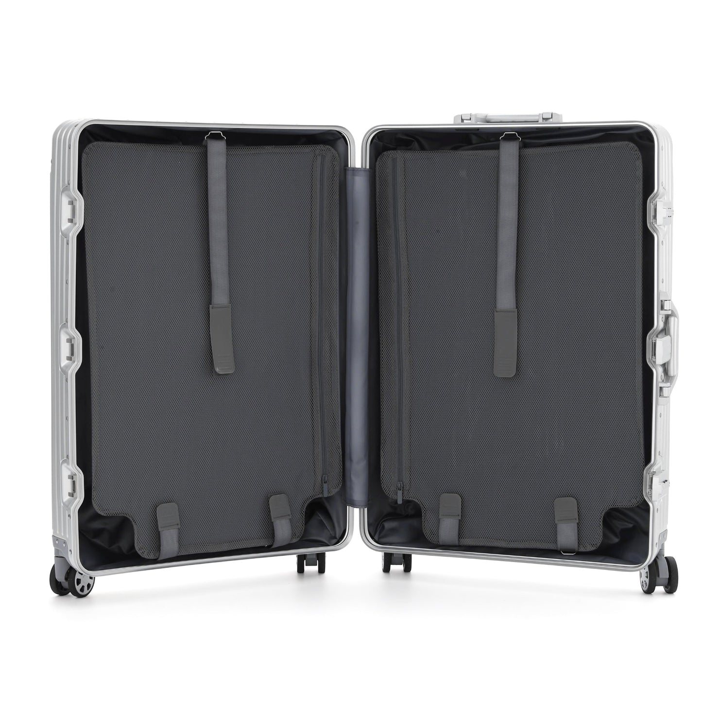 Organized grey suitcase interior