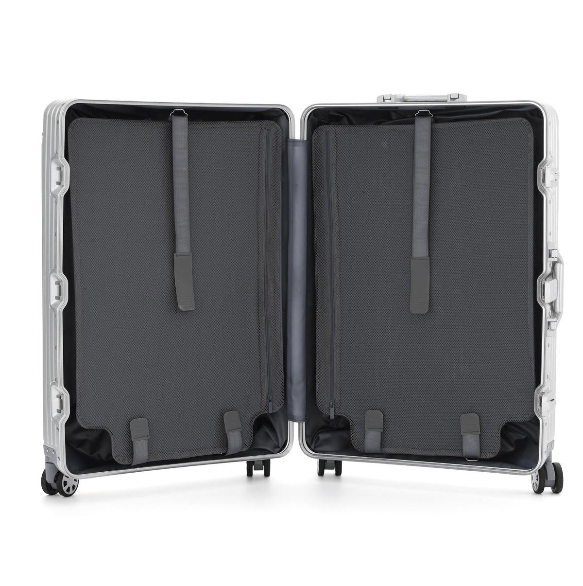 Organized grey suitcase interior