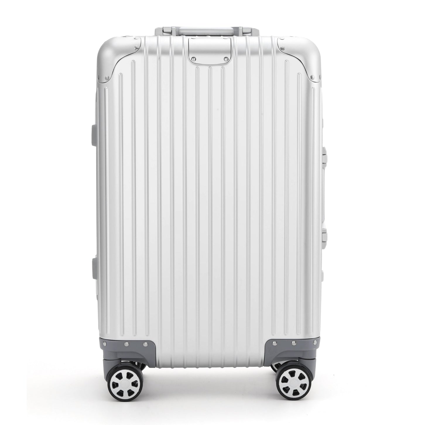 Silver aluminum suitcase front view