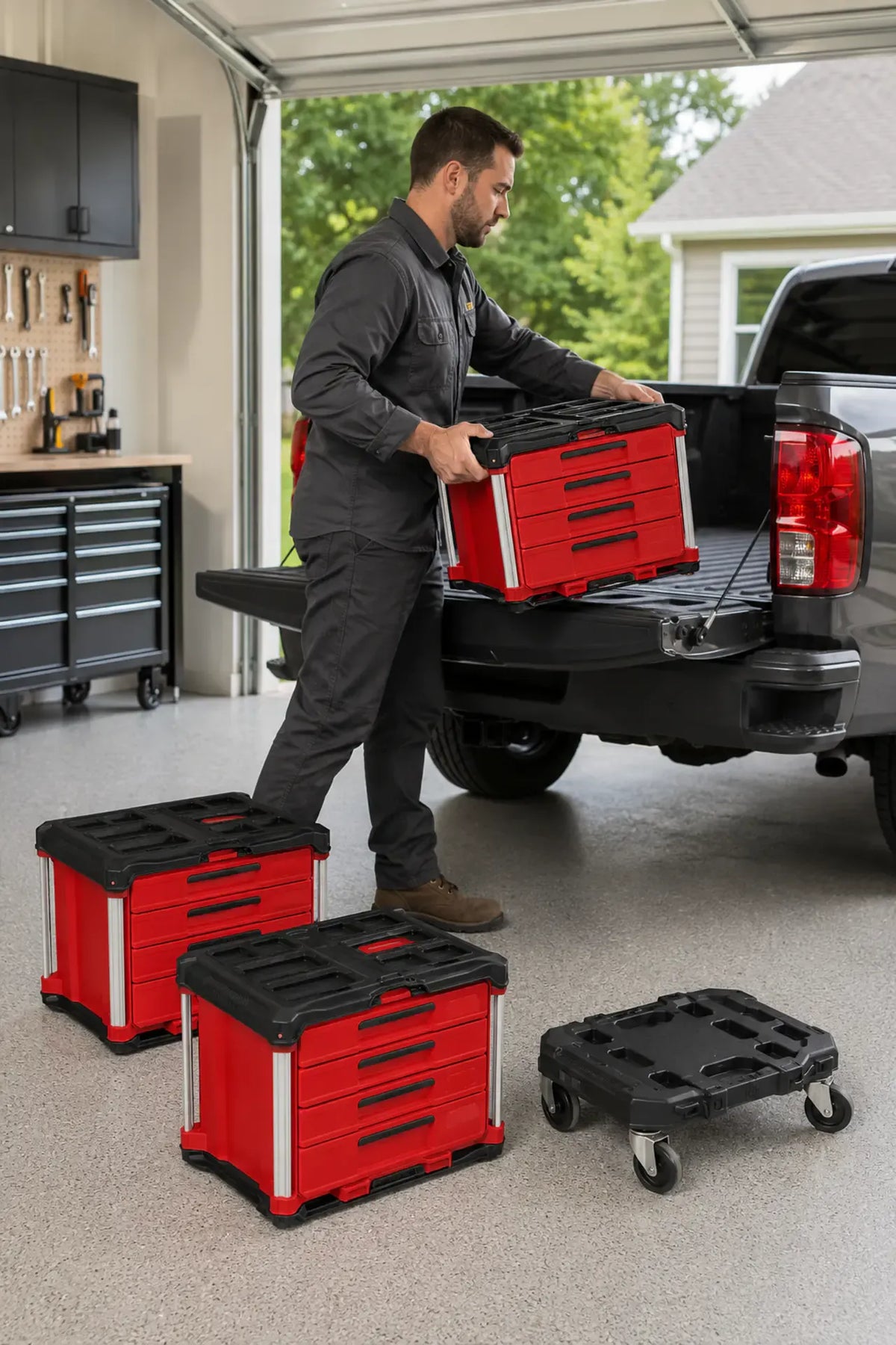Three modular tool boxes with rolling dolly