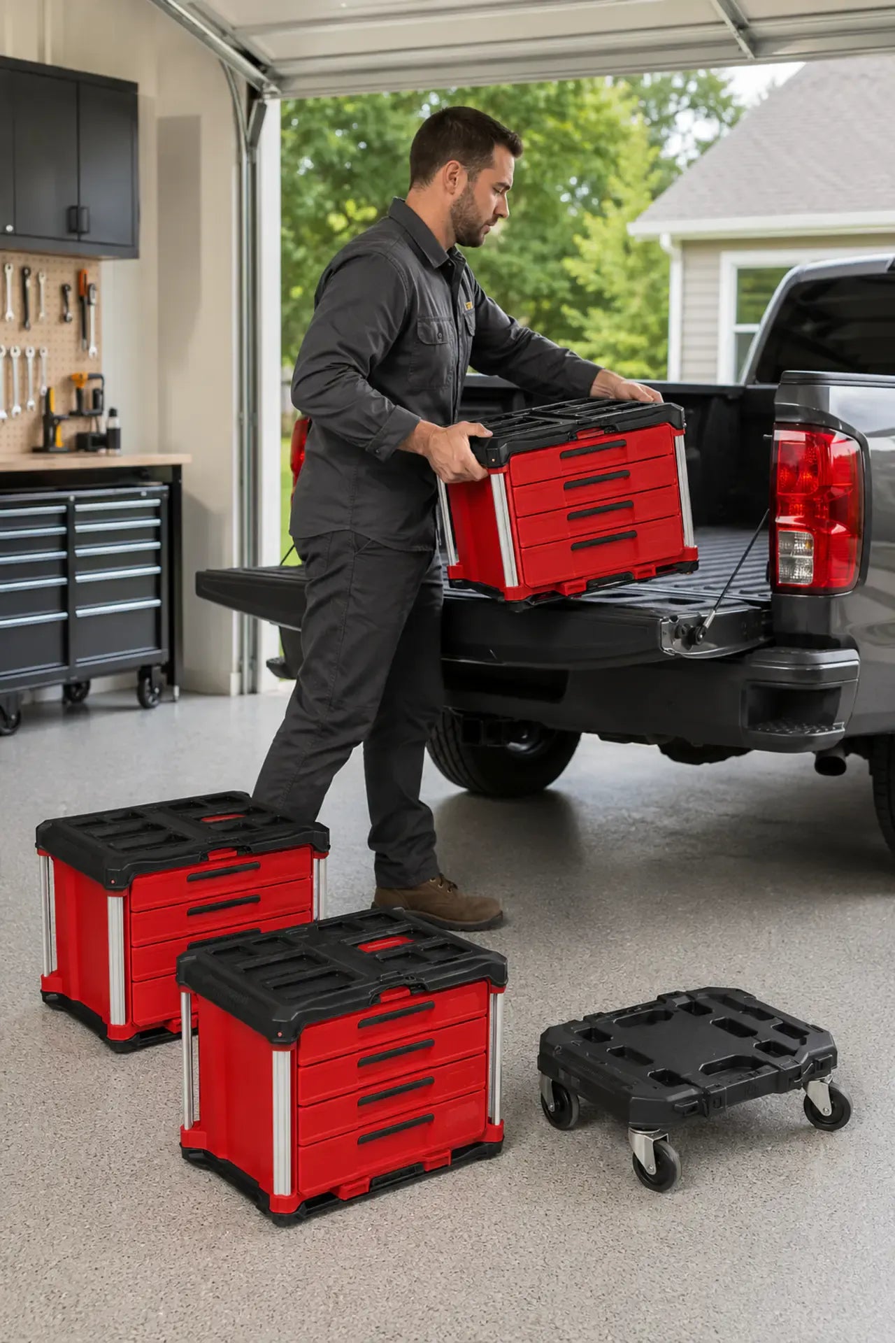Three modular tool boxes with rolling dolly