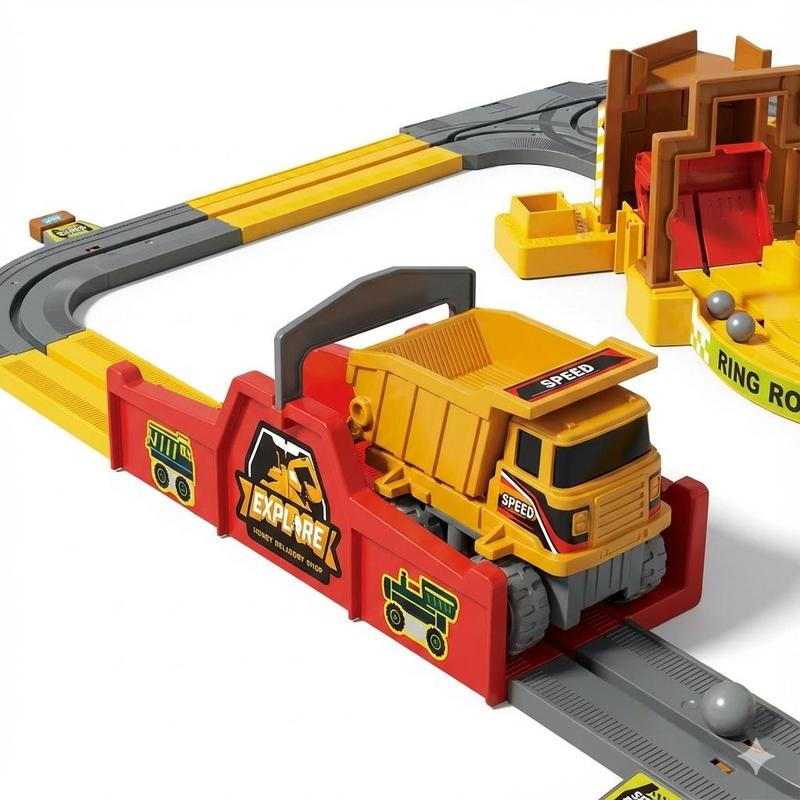 Motorized dump truck moving through track gate