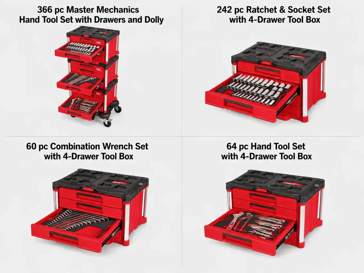 366-piece mechanics tool set broken into three organized modules