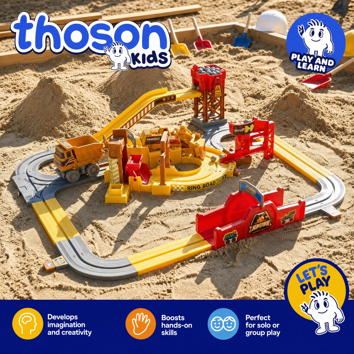 Construction quarry track set in sandbox