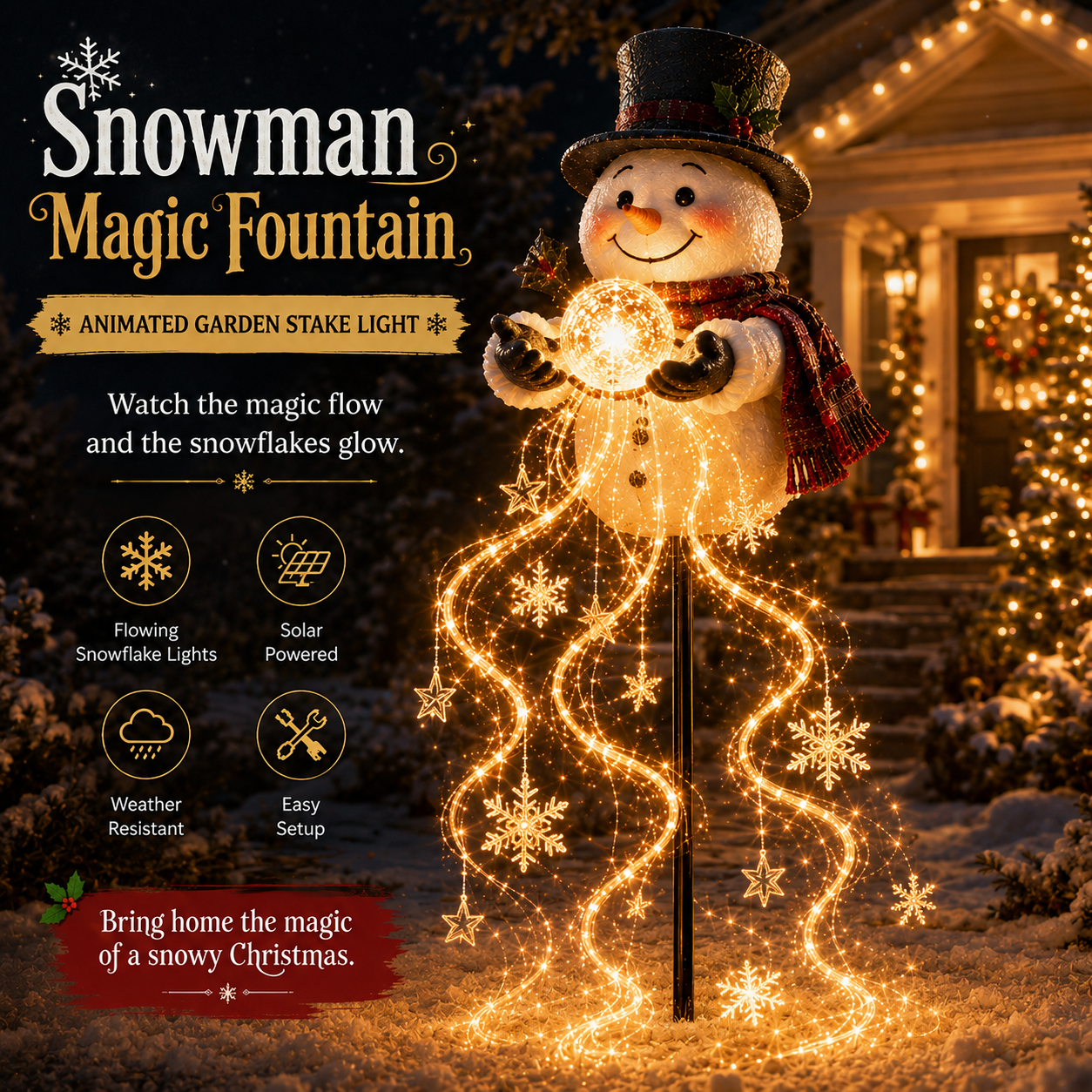 Snowman Magic Fountain solar flowing snowflake LED Christmas garden light