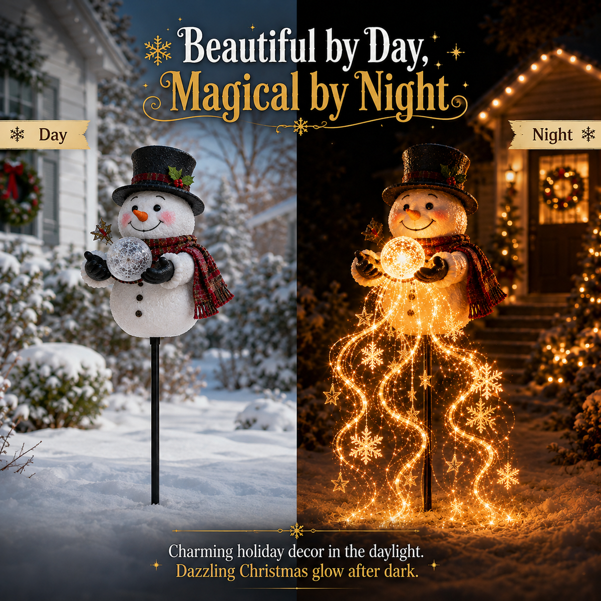 Snowman Christmas garden light beautiful by day magical by night