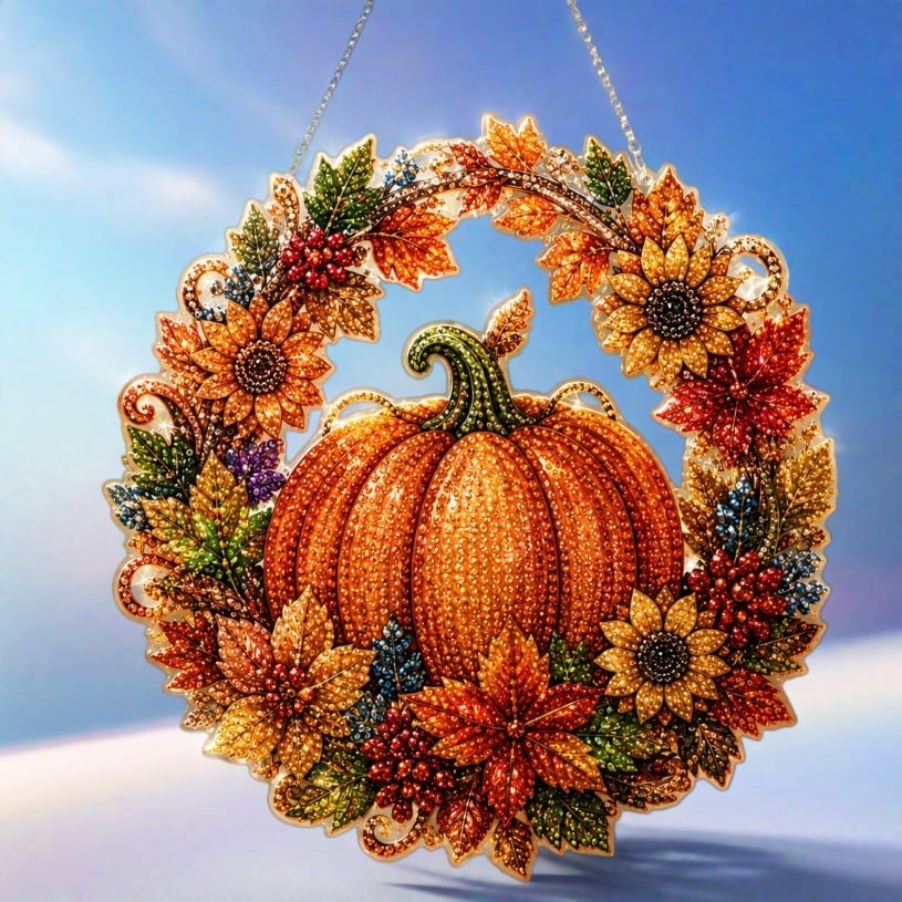 Pumpkin diamond painting wreath close view